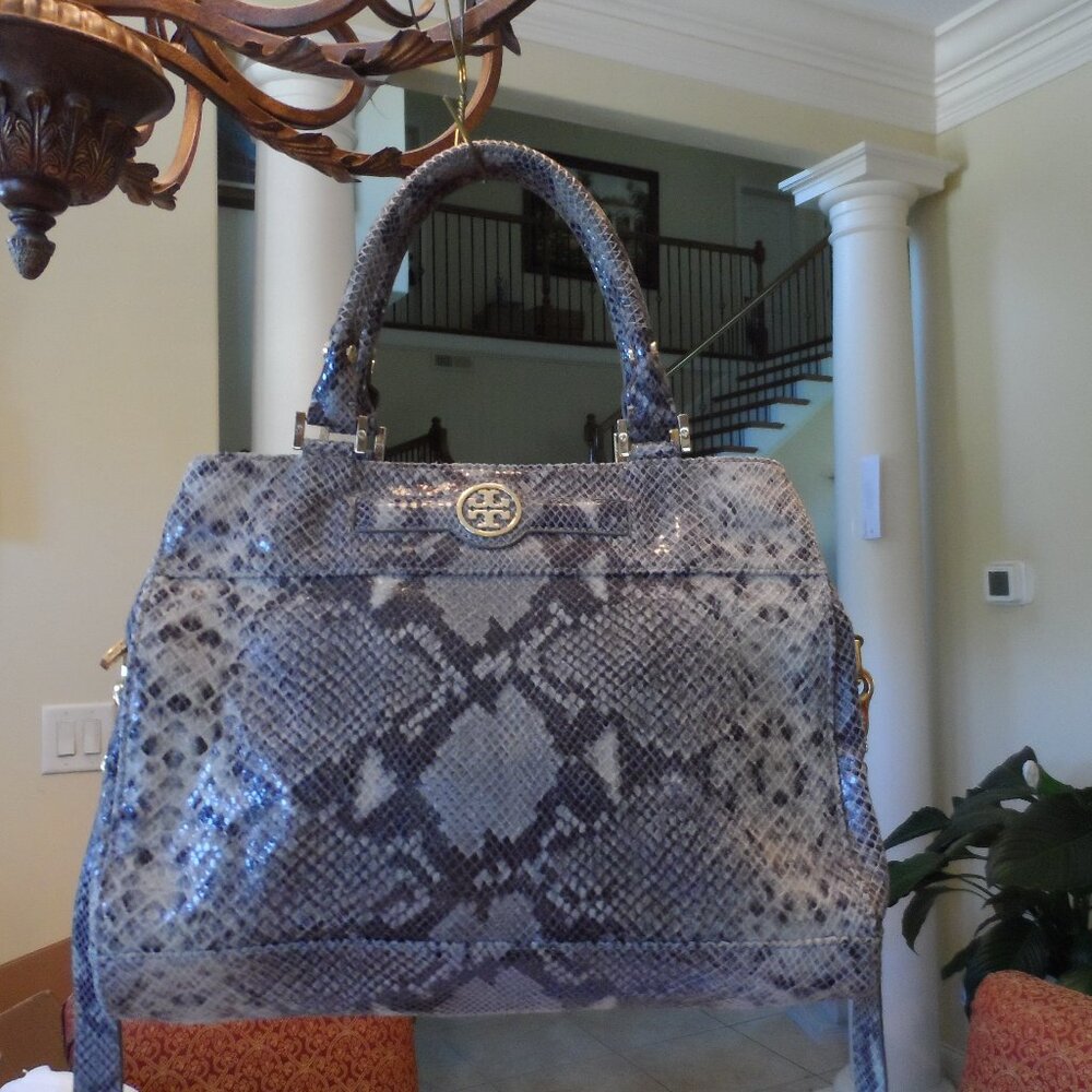 Tory Burch Gray Python Embosed Leather Shoulder B… - image 1